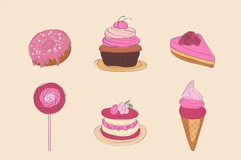 Assorted cakes and lollipops display Stock Illustration