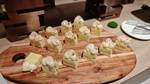Assorted cakes at a buffet restaurant Stock Photos
