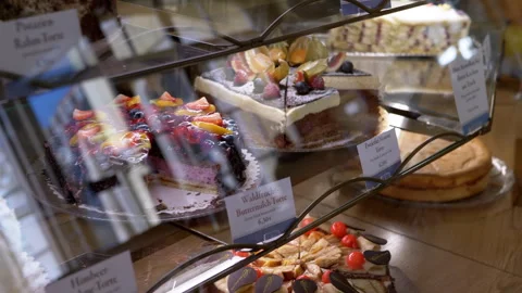 Assorted Cakes in Cafe Display Stock Footage 312006361