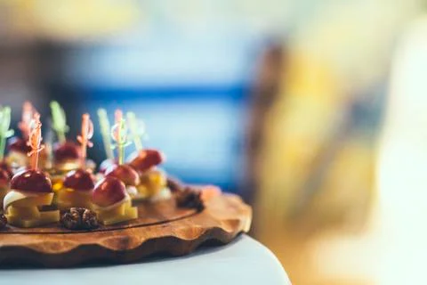 Assorted canapes on table closeup 库存照片