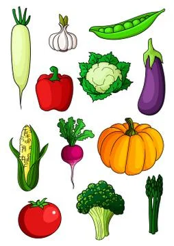 Assorted cartoon ripe vegetables on white Stock Illustration