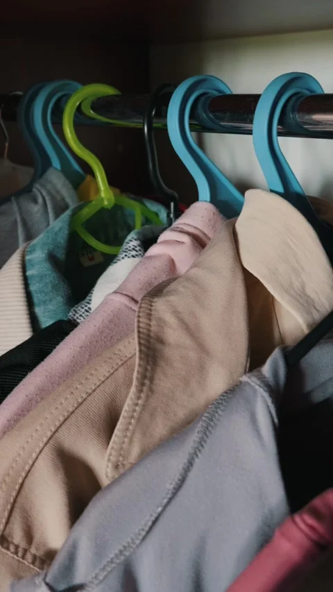 Assorted Casual Clothing Hanging on Plastic Hangers in a Wardrobe Closet 動画素材 338099164