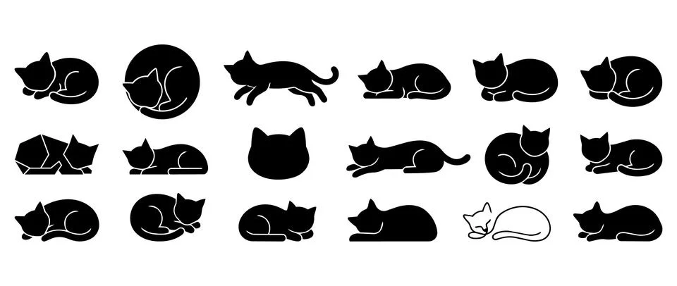 Assorted cat silhouettes in sleeping and relaxing poses with silhouette Stock Illustration