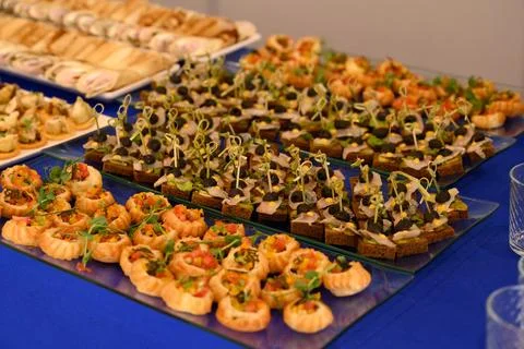 Assorted catering appetizer with herring fish canape on rye bread and veget.. 写真素材