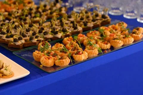 Assorted catering appetizer with vegetable puff pastry tartlet and herring .. 写真素材