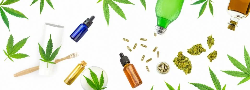 Assorted CBD THC Cannabis products banner isolated Stock Photos