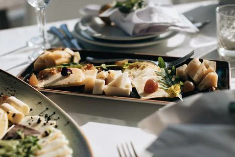 Assorted cheese and cheese snacks at a wedding banquet Stock Photos