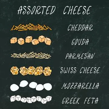Assorted Cheese. Grated Chedder, Parmesan, Gouda, Swiss, Feta Cubes, Mini Moz Stock Illustration