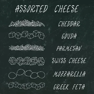 Assorted Cheese. Grated Chedder, Parmesan, Gouda, Swiss, Feta Cubes, Mini Moz Stock Illustration