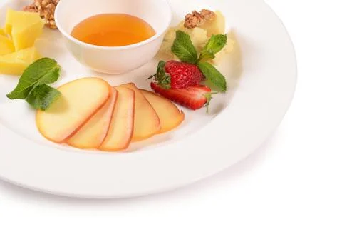 Assorted cheese with honey 스톡 사진
