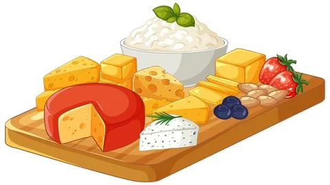 Assorted Cheese Platter with Berries and Nuts on Wooden Board Stock Illustration