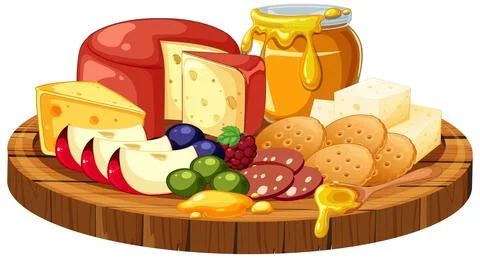 Assorted Cheese Platter with Crackers, Fruit, and Honey Stockillustratie