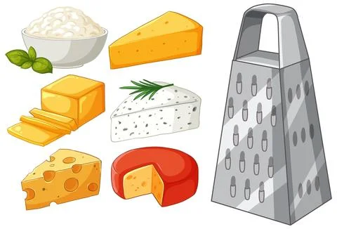 Assorted Cheese Varieties and Metal Grater Vector Illustration Set Stock Illustration