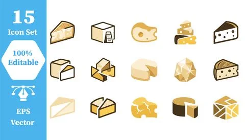 Assorted cheese varieties icon collection with delicious ingredient appetizer Stock Illustration