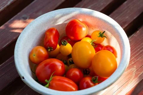 Assorted cherry and yellow tomatoes in a bowl Stock Photos
