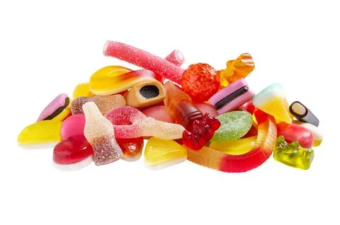 Assorted of chewy fruit candies on a white background. Jelly Sweets Isolate.. Stock Photos