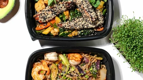 Assorted Chinese food set served in take away boxes. Stock Footage 159207157