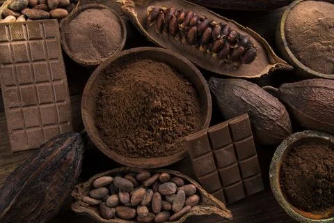 Assorted chocolate bar, candy sweet, cocoa pod Stock Photos