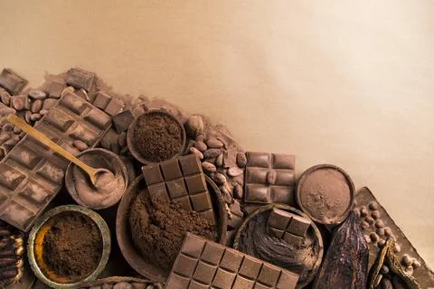 Assorted chocolate bar, candy sweet, cocoa pod Stock Photos