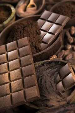 Assorted chocolate bar, candy sweet, cocoa pod Stock Photos