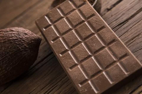 Assorted chocolate bar, candy sweet, cocoa pod Stock Photos