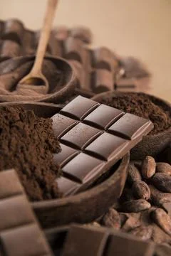 Assorted chocolate bar, candy sweet, cocoa pod Stock Photos