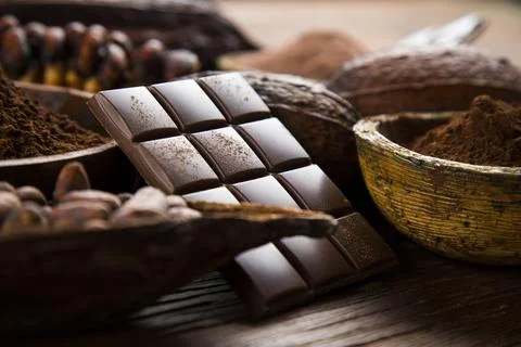 Assorted chocolate bar, candy sweet, cocoa pod Stock Photos