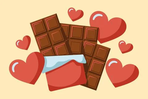 Assorted chocolate bars with red heart shapes on yellow background, hearts Stock Illustration