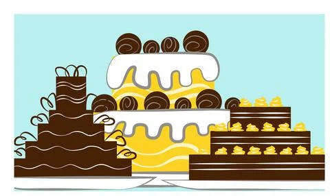 Assorted chocolate cakes with swirl decorations. Dessert table with layered Stock Illustration