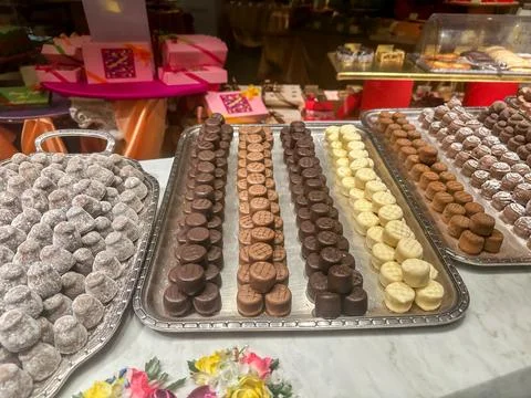 Assorted Chocolates and Truffles Displayed on Trays Stock Photos