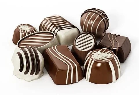 Assorted chocolates isolated on white background. 3D illustration Assorted... Stock Photos