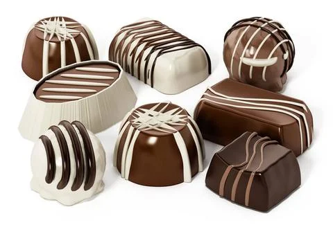 Assorted chocolates isolated on white background. 3D illustration Assorted... Stock Photos