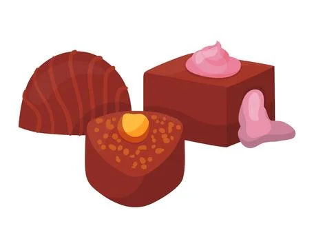 Assorted chocolates with nuts and strawberry cream topping. Delicious candy set イラスト素材