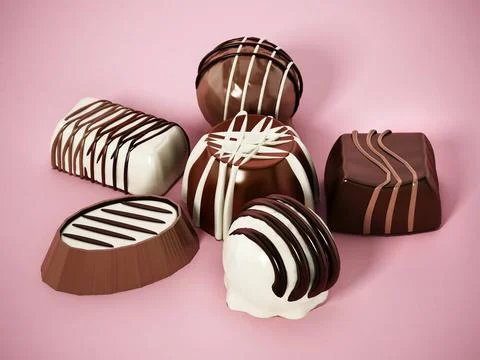 Assorted chocolates on pink background. 3D illustration Assorted chocolate... Stock Photos