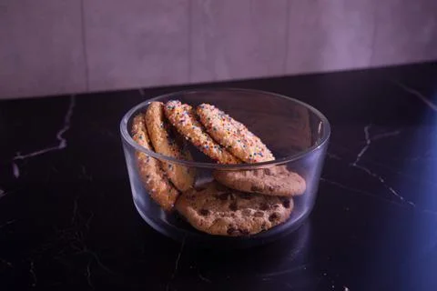 Assorted Christmas and Chocolate Chip Cookies in Glass Bowl Stock Photos
