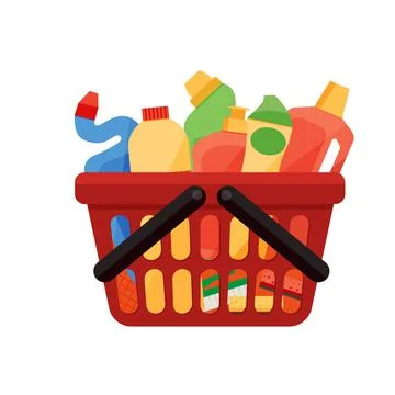 Assorted cleaning items in plastic shopping basket Cleaning accessories flat  Illustrazione stock