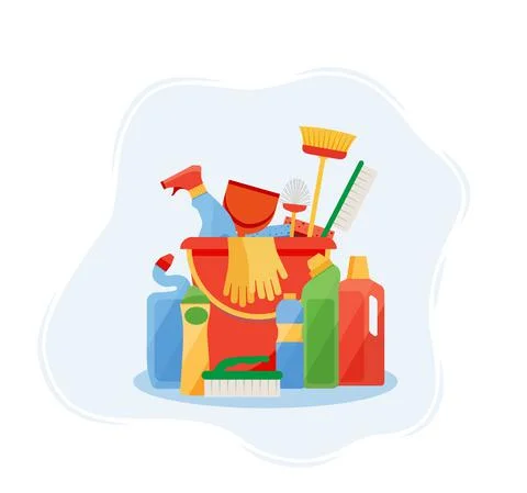 Assorted cleaning items set with brooms, bucket, mops, spray, brushes, sponge Stock Illustration