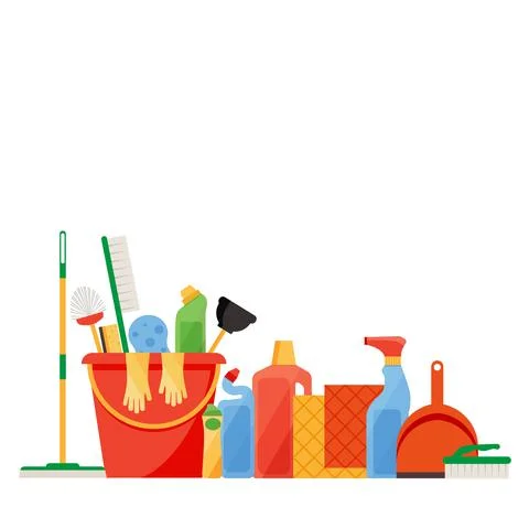 Assorted cleaning items set with brooms, bucket, mops, spray, brushes, sponge Stock Illustration
