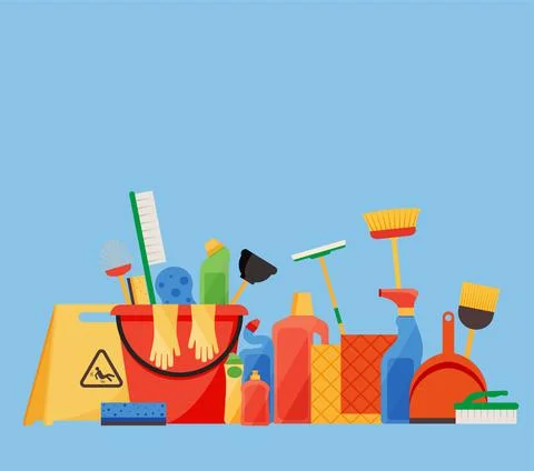 Assorted cleaning items set with brooms, bucket, mops, spray, brushes, sponge Stock Illustration