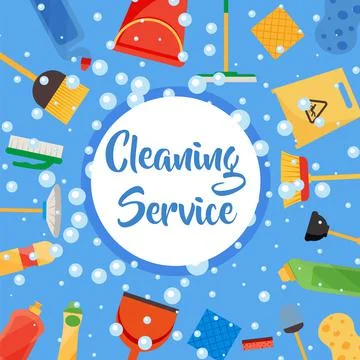 Assorted cleaning items set with brooms, bucket, mops, spray, brushes, sponge Stock Illustration