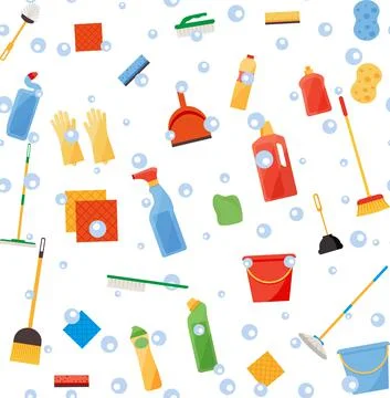 Assorted cleaning items set with brooms, bucket, mops, spray, brushes, sponge Stock Illustration