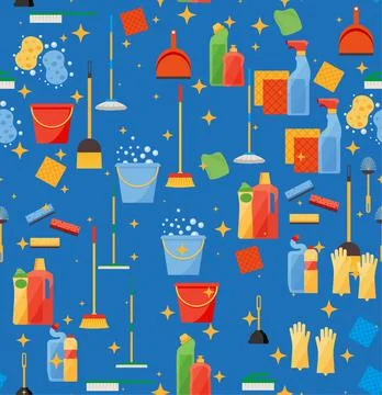 Assorted cleaning items set with brooms, bucket, mops, spray, brushes, sponge Stock Illustration