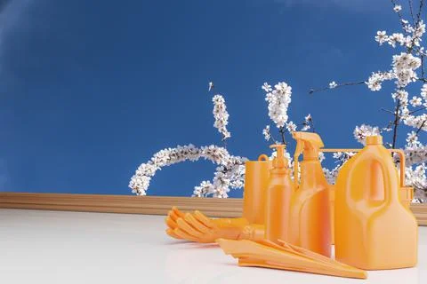 Assorted cleaning products all in orange on a floral background of almond trees Stock Illustration