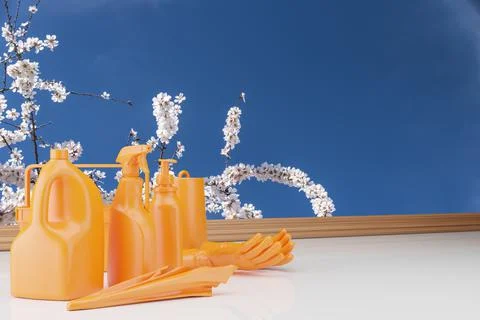 Assorted cleaning products all in orange on a floral background of almond trees Stock Illustration