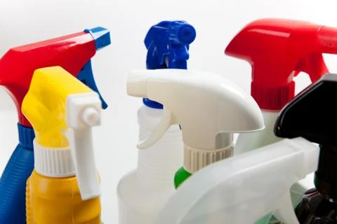 Assorted cleaning spray bottles Stock Photos