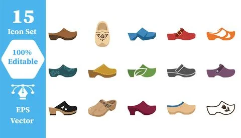 Assorted clog footwear icons vector set with slip on footwear traditional Stock Illustration