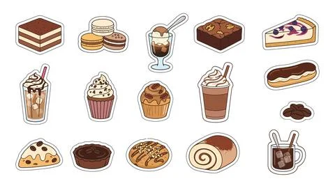 Assorted Coffee and Dessert Stickers for Food Packaging and Design Stock Illustration