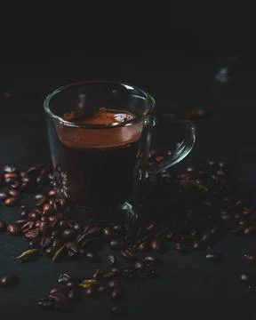 Assorted coffee shop drinks including Arabic coffee, espresso shots, latte art Fotos de archivo