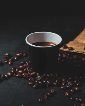 Assorted coffee shop drinks including Arabic coffee, espresso shots, latte art Stock Photos