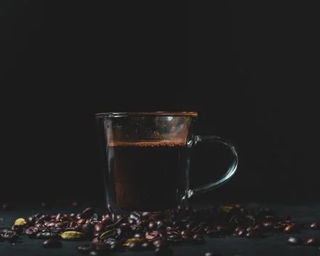Assorted coffee shop drinks including Arabic coffee, espresso shots, latte art Fotos de archivo